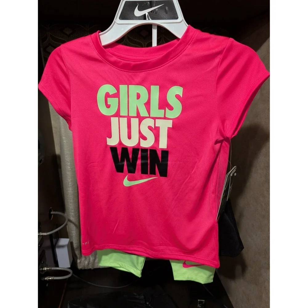 Nike Girls Just Win 2 Piece Set Sz 6 Pink Tee Black Shorts Lime Green Liner NEW